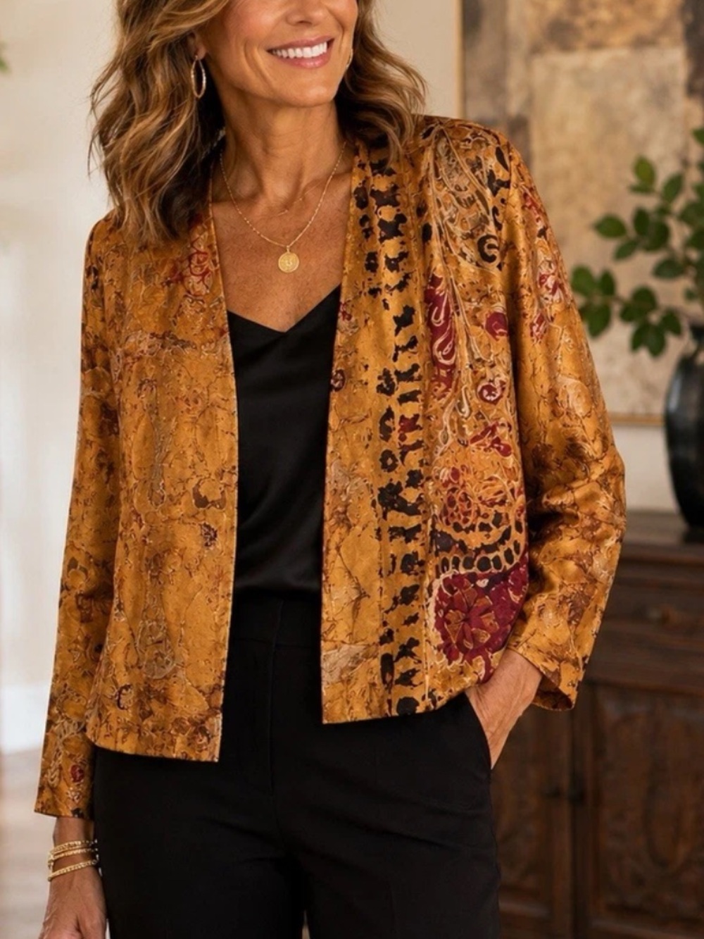 Chico's Gold and Burgundy Open-Front silk blazer